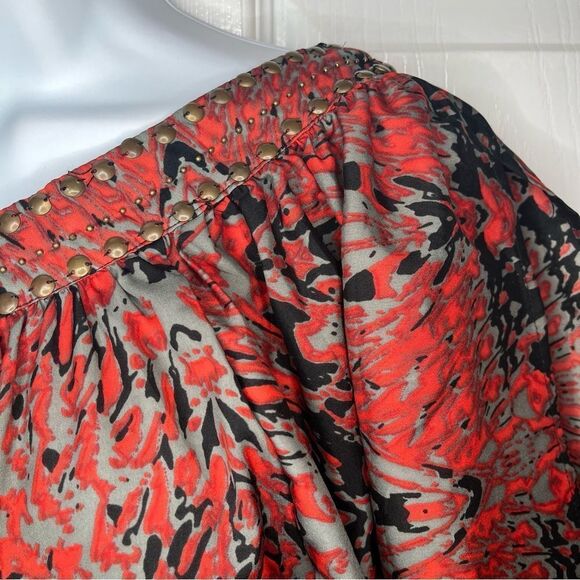 Angie One Shoulder Mini Dress Split Sleeve Feather Print Metal Bead Red Black S - Picture 4 of 10